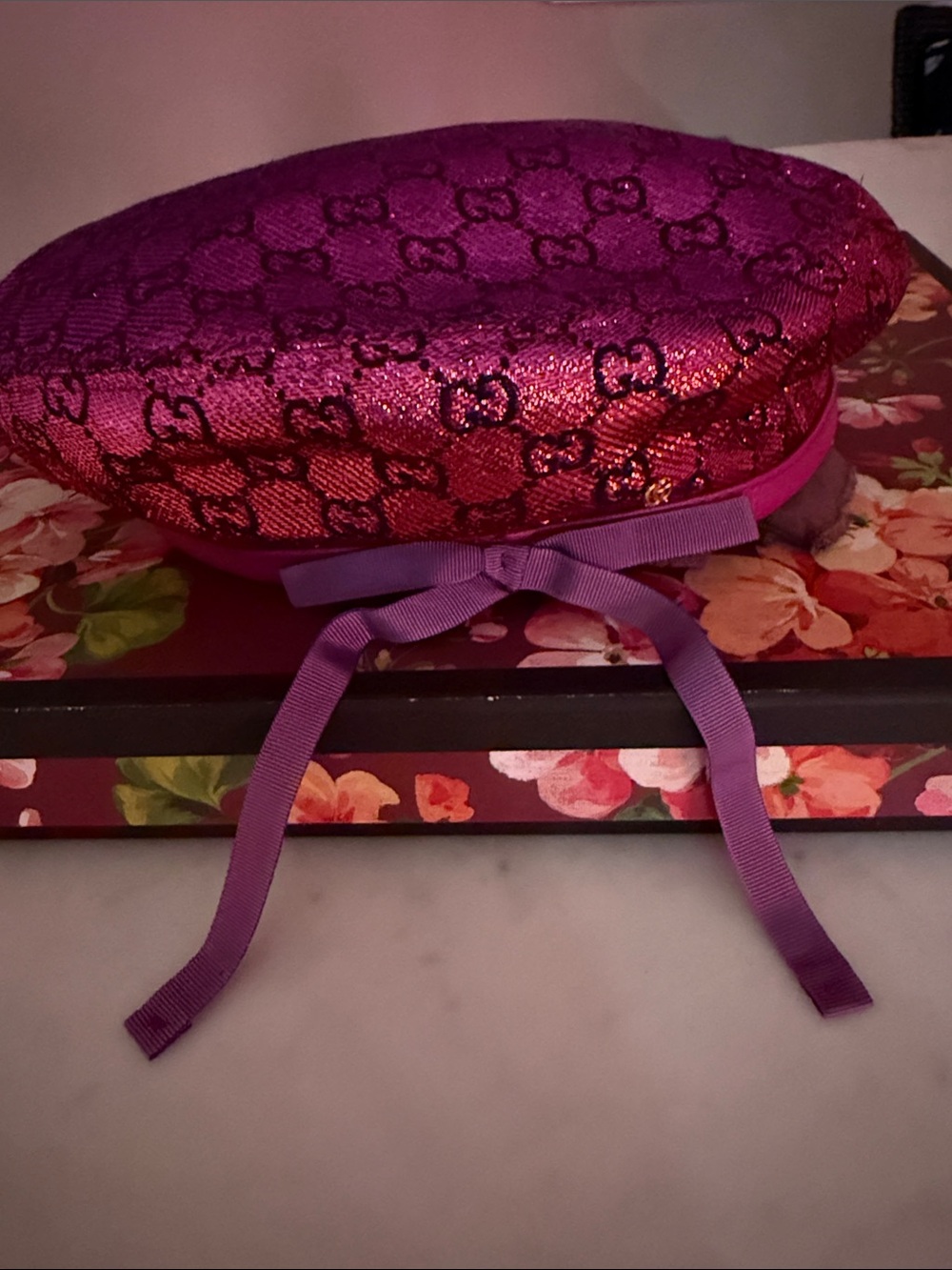 Gucci Metallic Fuchsia Monogram Beret with Purple Grosgrain Bow